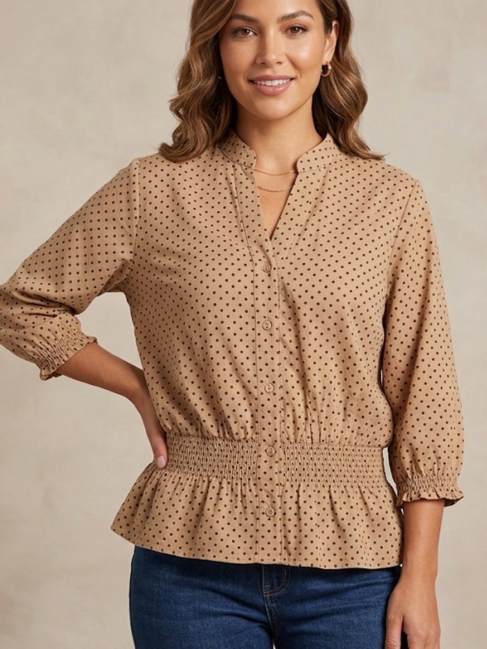 Cole Smocked Peplum Polka Dot Blouse in Tan